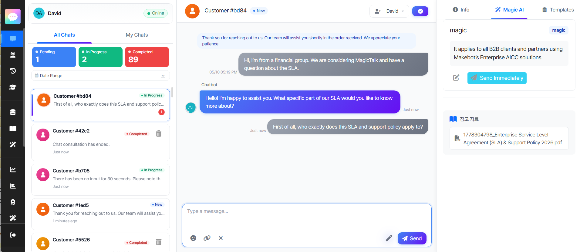 MagicTalk Agenten-Chat-Konsole — Magic AI-Panel in Aktion